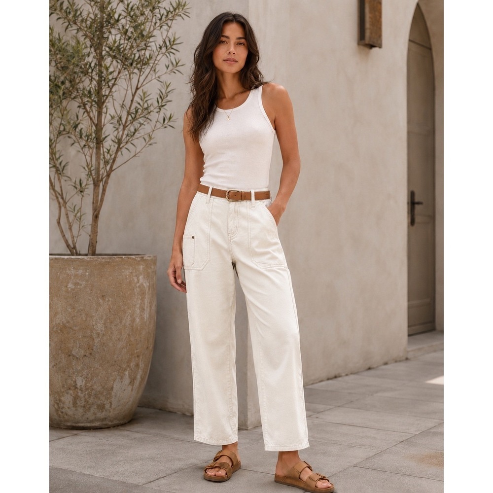 Pilcro and Letterpress Anthro 4/30 Carpenter Pants Linen Cotton Oatmeal Wide Leg